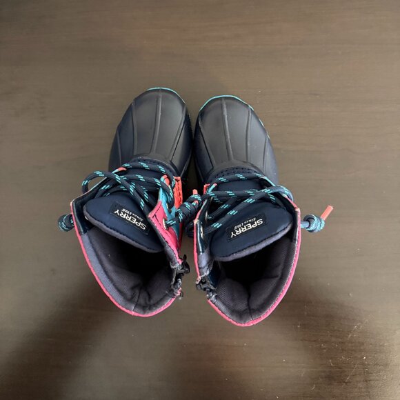 Sperry Toddler Duck Boots Size 7 Navy Teal Pink Lace-Up Rain Boots - Picture 8 of 8